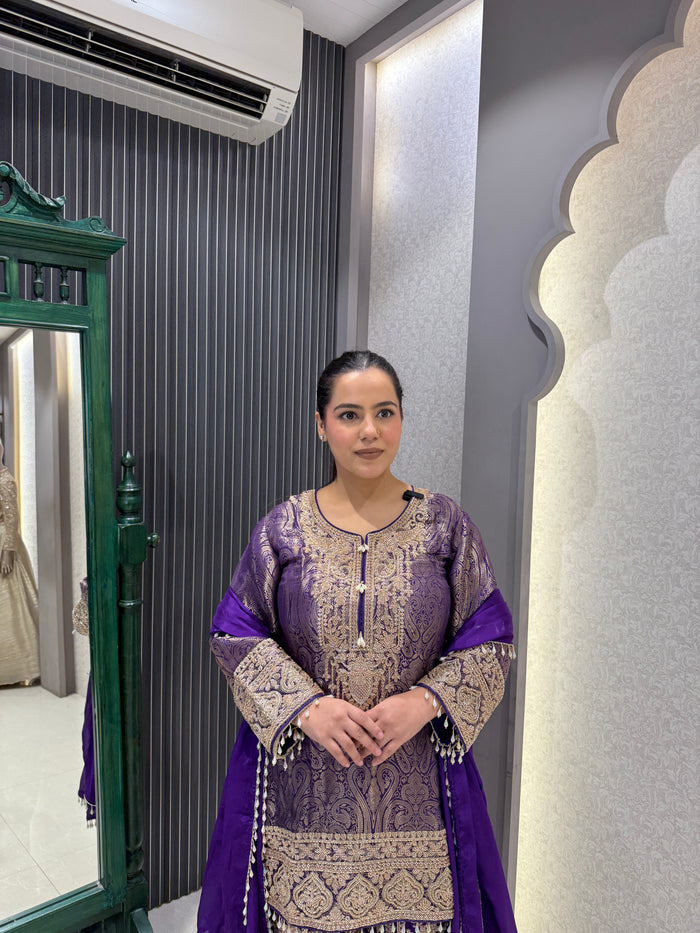 Brocade Shirt with Heavy Handwork Bottoms & Beaded Neckline