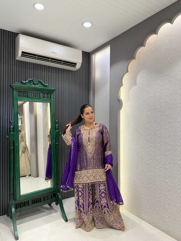 Brocade Shirt with Heavy Handwork Bottoms & Beaded Neckline