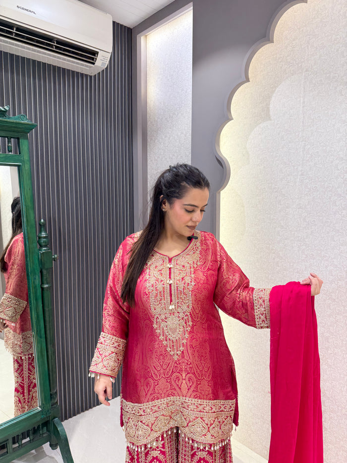 Brocade Shirt with Heavy Handwork Bottoms & Beaded Neckline