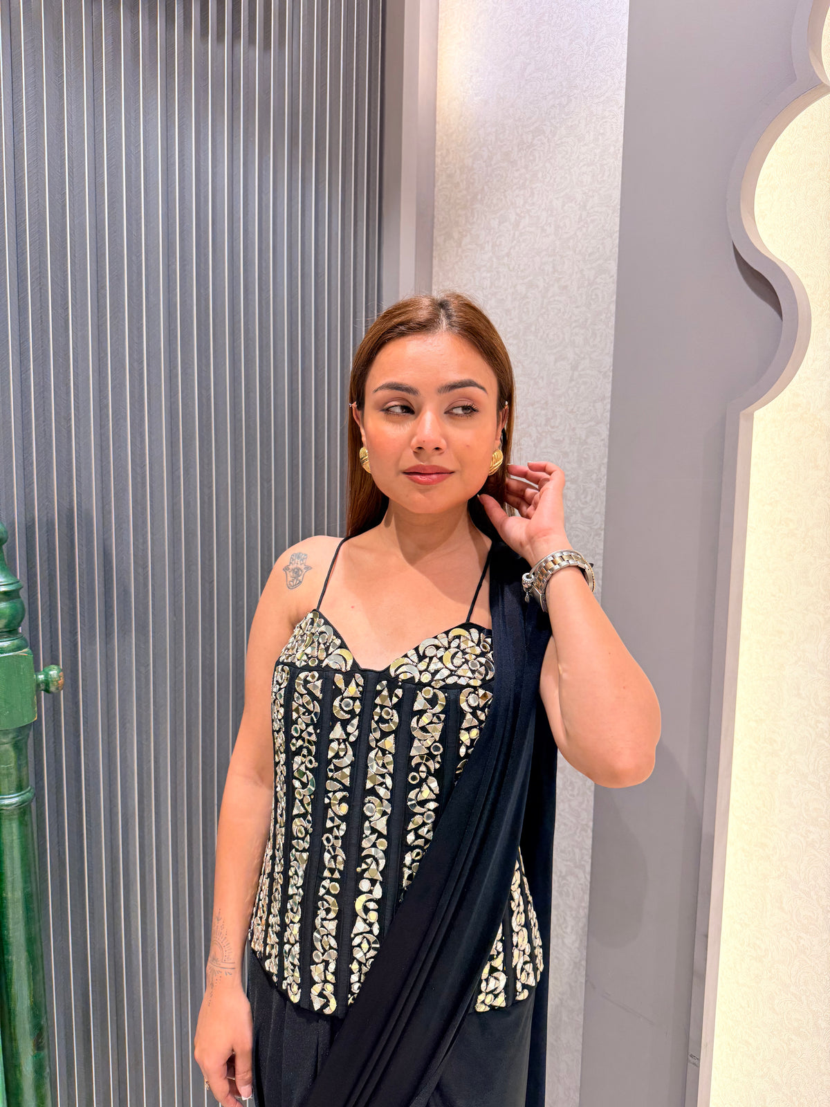 Drape Collection Mirror Work Corset Blouse with Crepe Saree