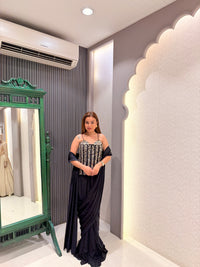 Drape Collection Mirror Work Corset Blouse with Crepe Saree