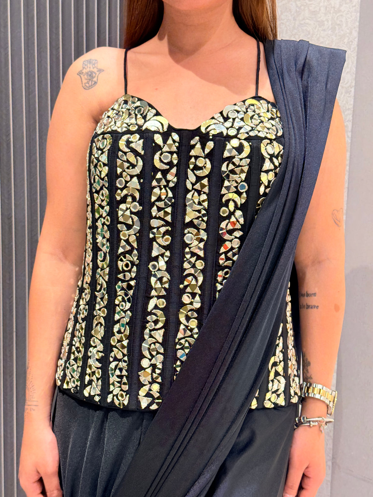 Drape Collection Mirror Work Corset Blouse with Crepe Saree