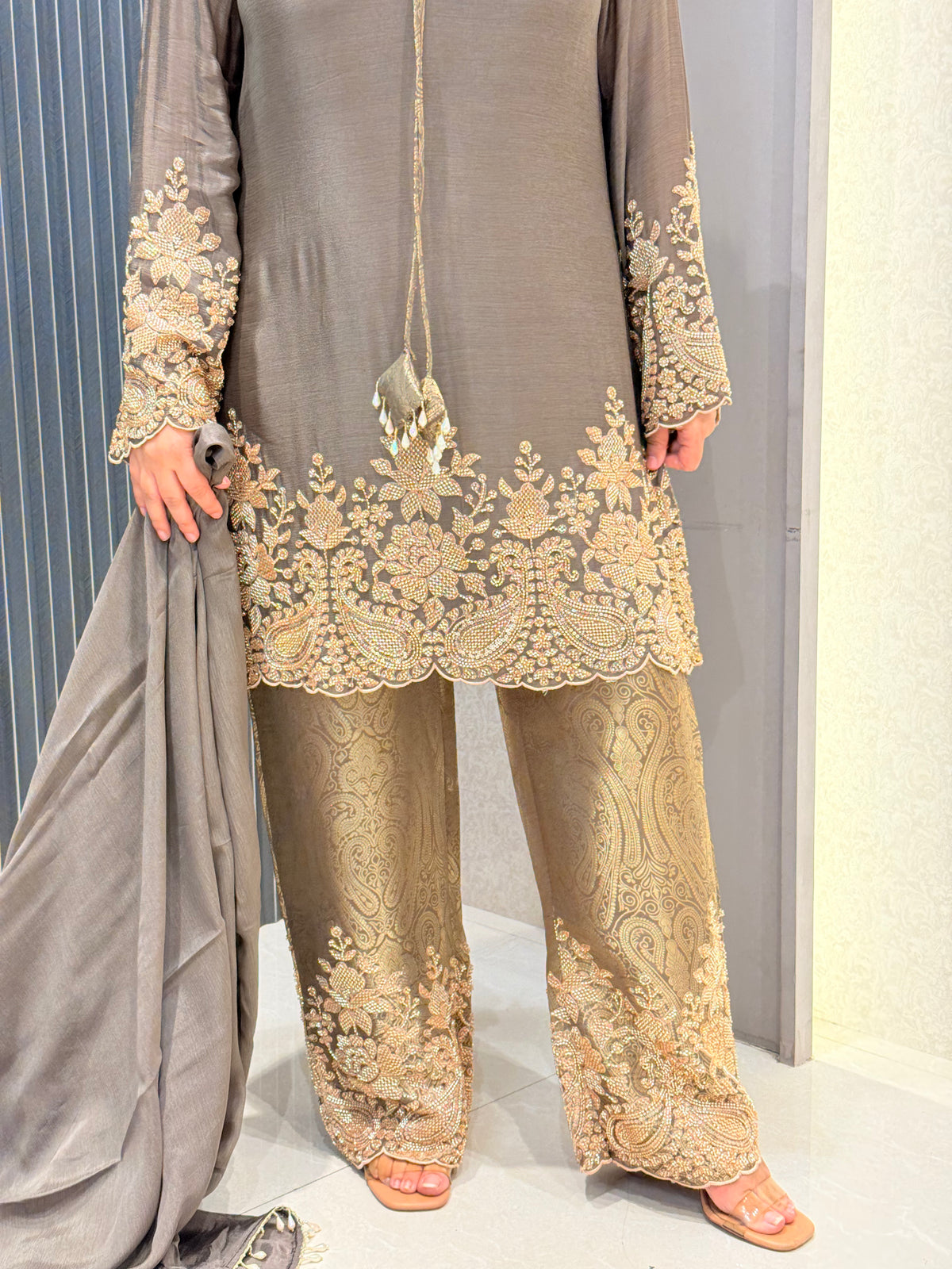Brocade Suit Set with Handwork Beads Embellished Shirt
