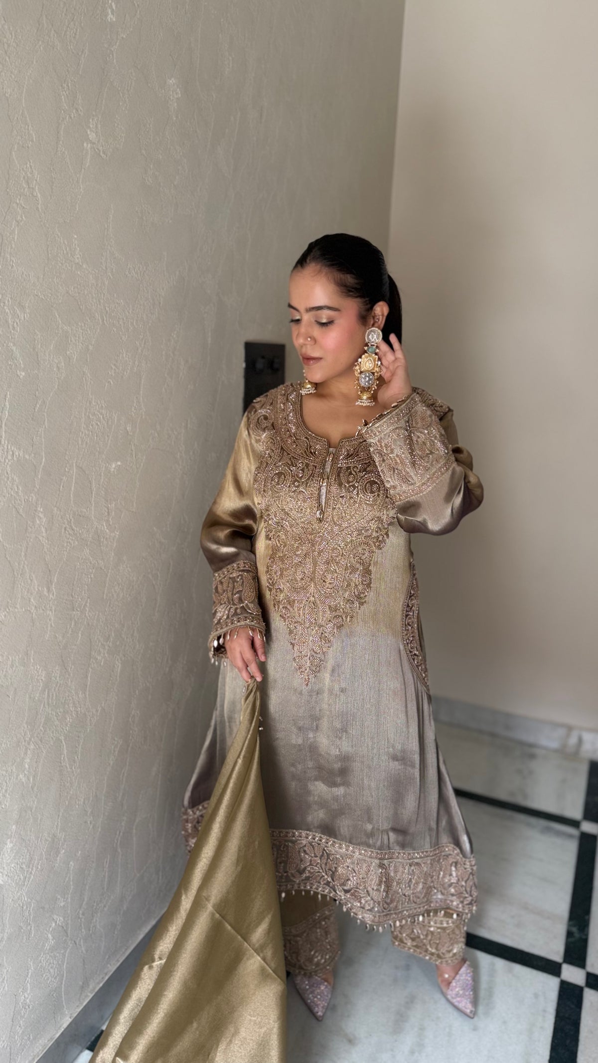 Shimmer Silk Suit with Elegant Beads Work