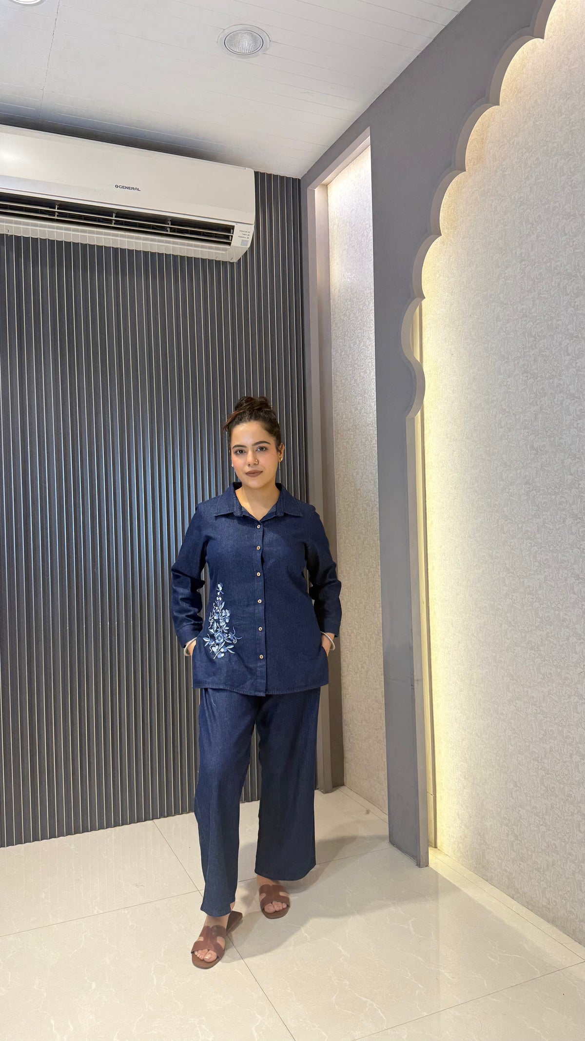 Cotton Denim Co-ords Set with Thread Embroidery Work