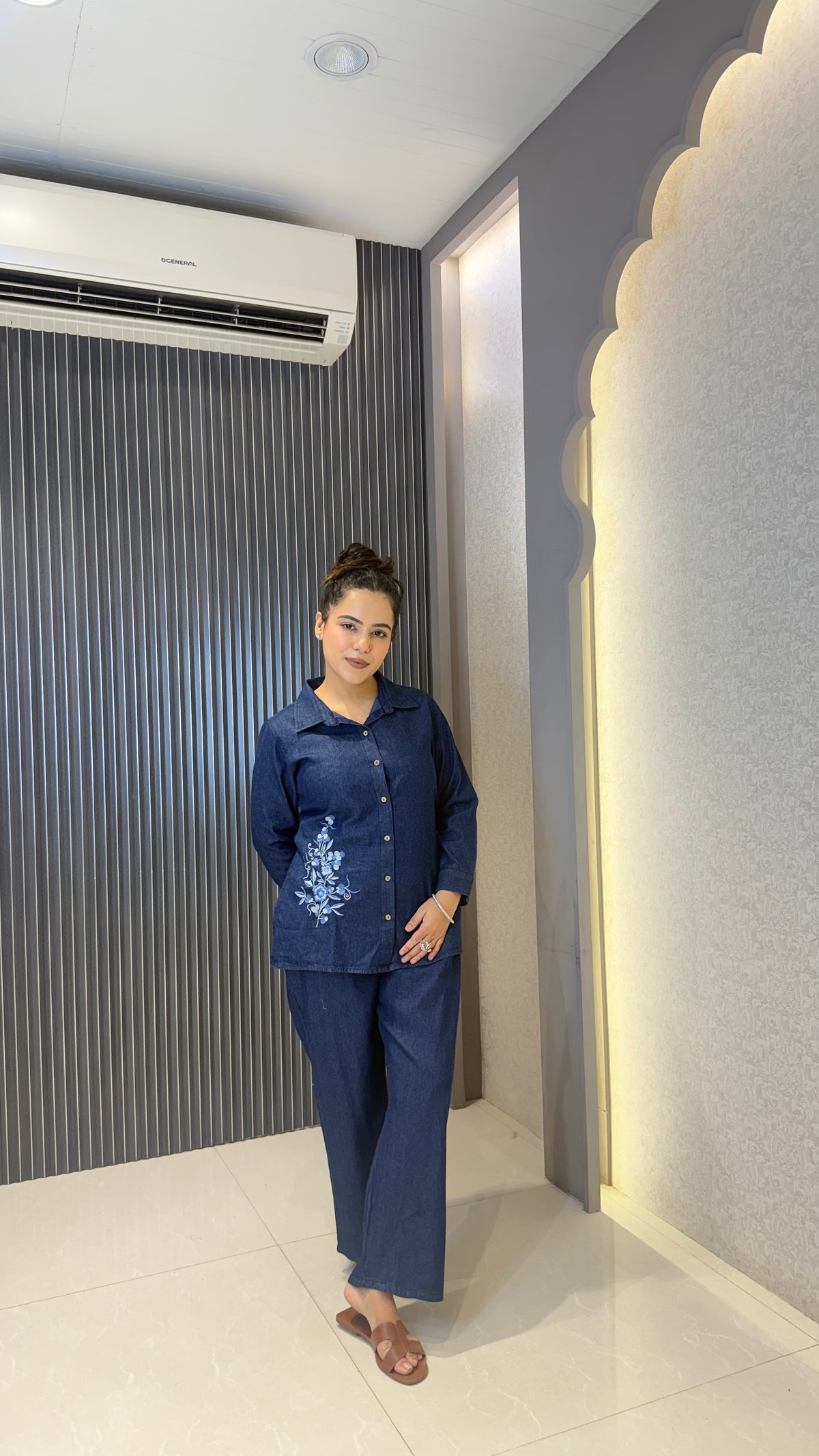 Cotton Denim Co-ords Set with Thread Embroidery Work
