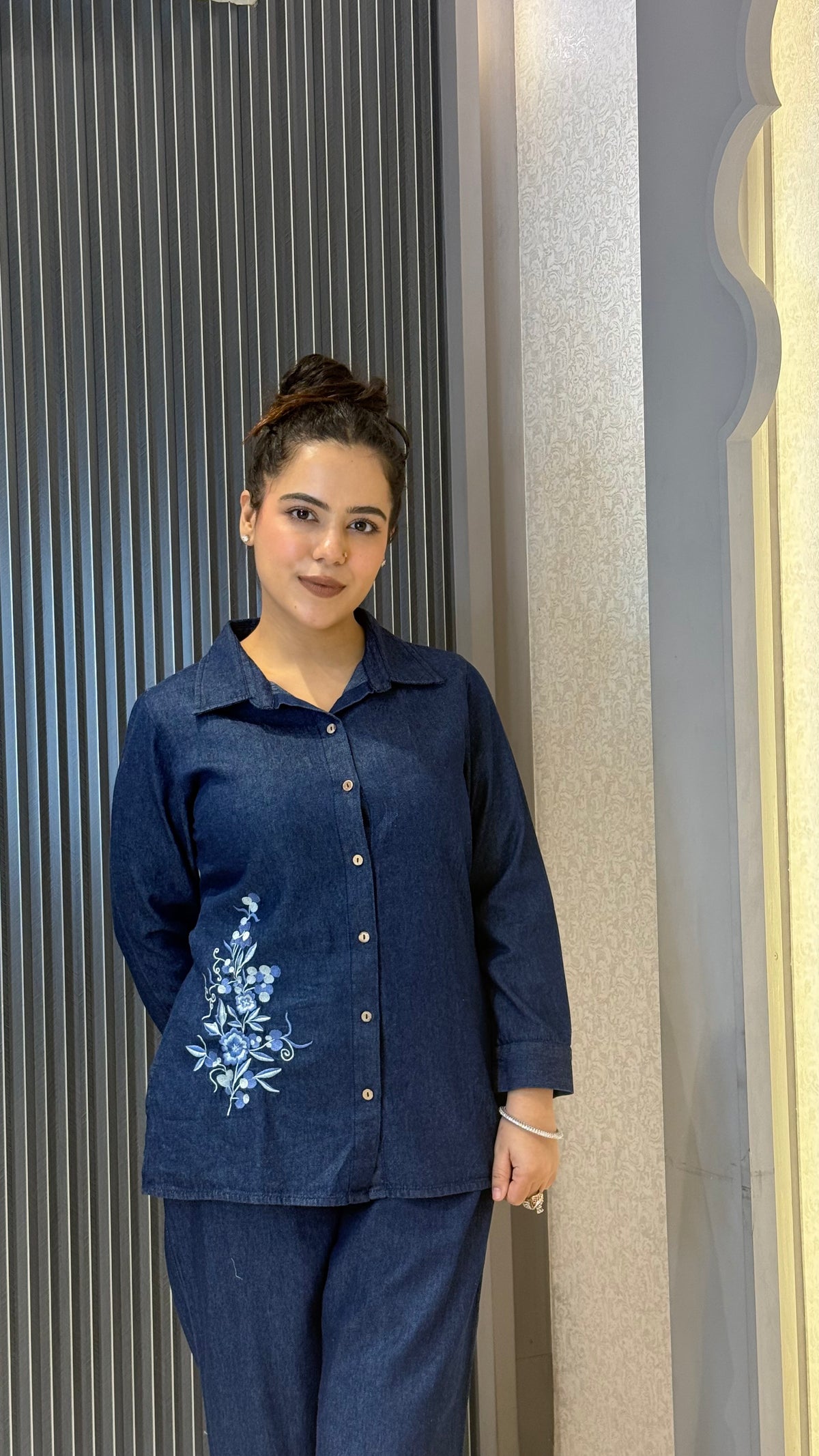 Cotton Denim Co-ords Set with Thread Embroidery Work