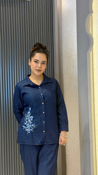 Cotton Denim Co-ords Set with Thread Embroidery Work