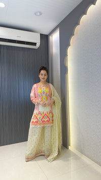 Budget Friendly Printed Sharara Suit Set with Mirror Work