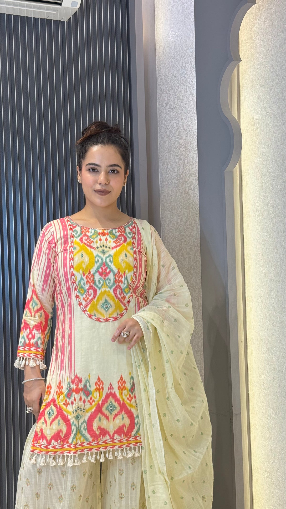 Budget Friendly Printed Sharara Suit Set with Mirror Work