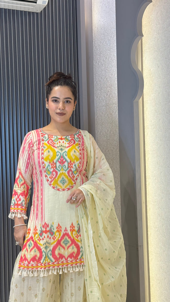 Budget Friendly Printed Sharara Suit Set with Mirror Work