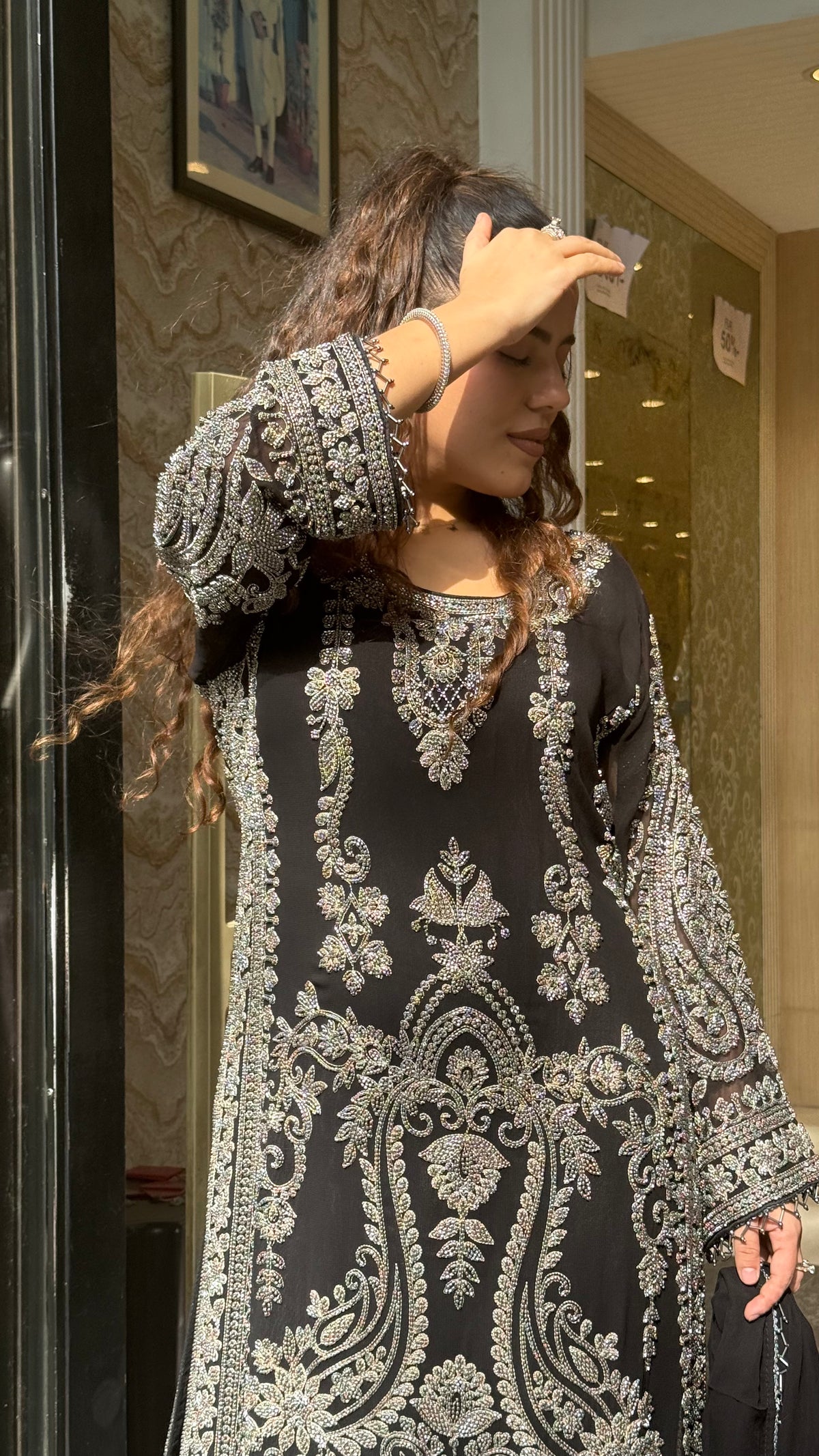 Pakistani Long Georgette Suit Set with Hand Beads Work | Size Up to 44 | Festive & Party Wear