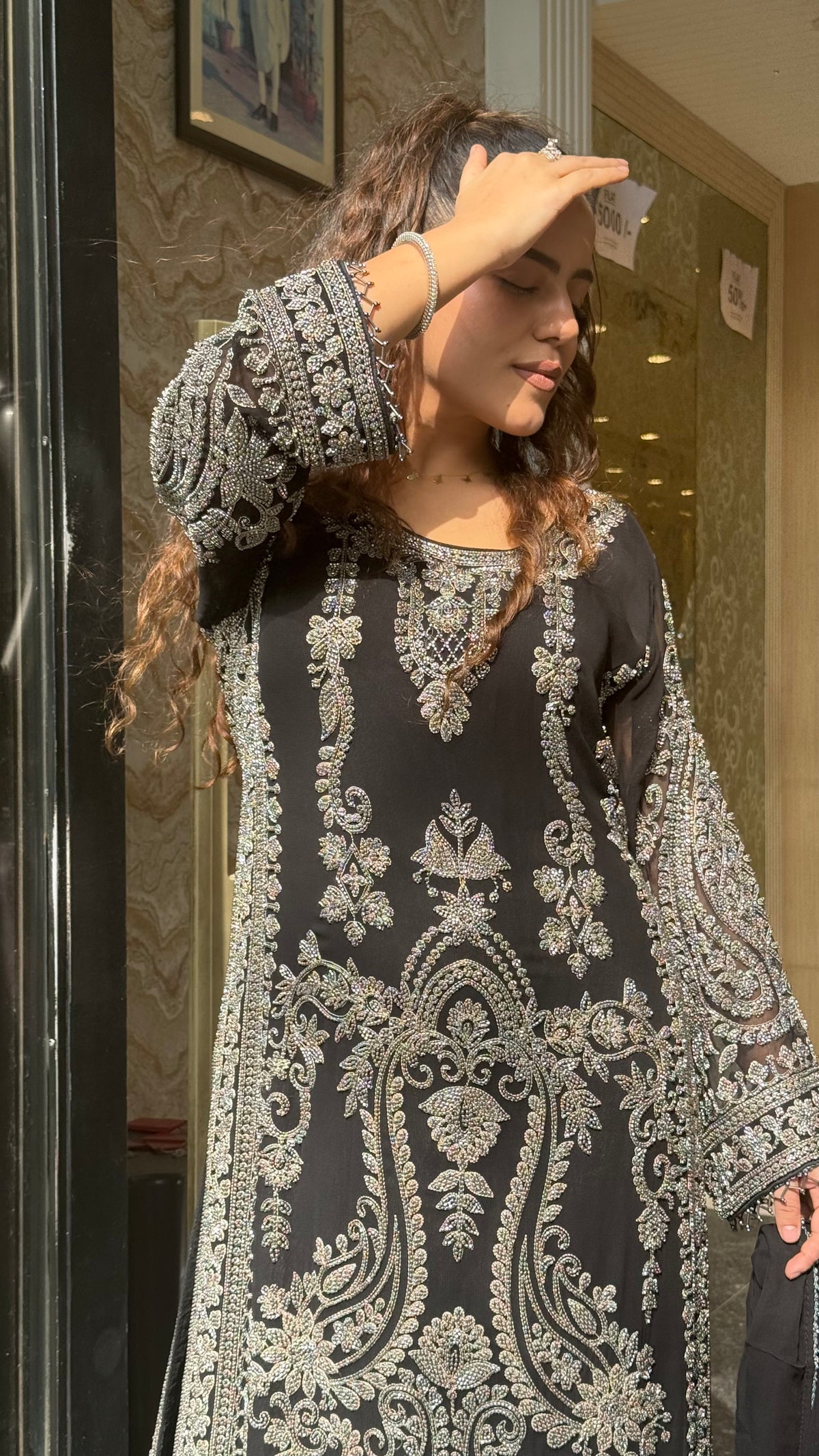 Pakistani Long Georgette Suit Set with Hand Beads Work | Size Up to 44 | Festive & Party Wear