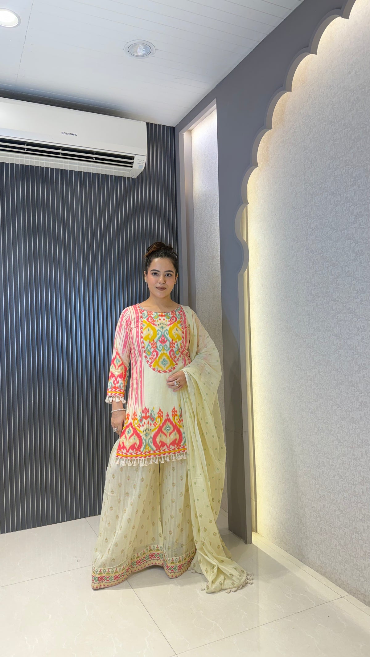 Budget Friendly Printed Sharara Suit Set with Mirror Work