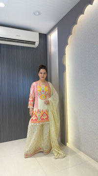 Budget Friendly Printed Sharara Suit Set with Mirror Work