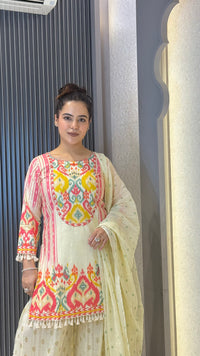 Budget Friendly Printed Sharara Suit Set with Mirror Work