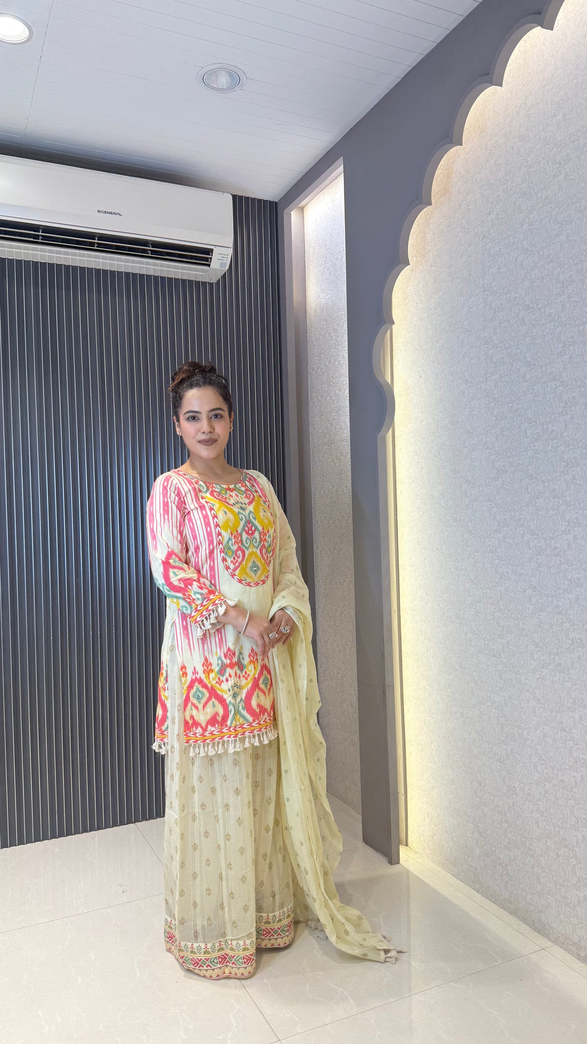 Budget Friendly Printed Sharara Suit Set with Mirror Work