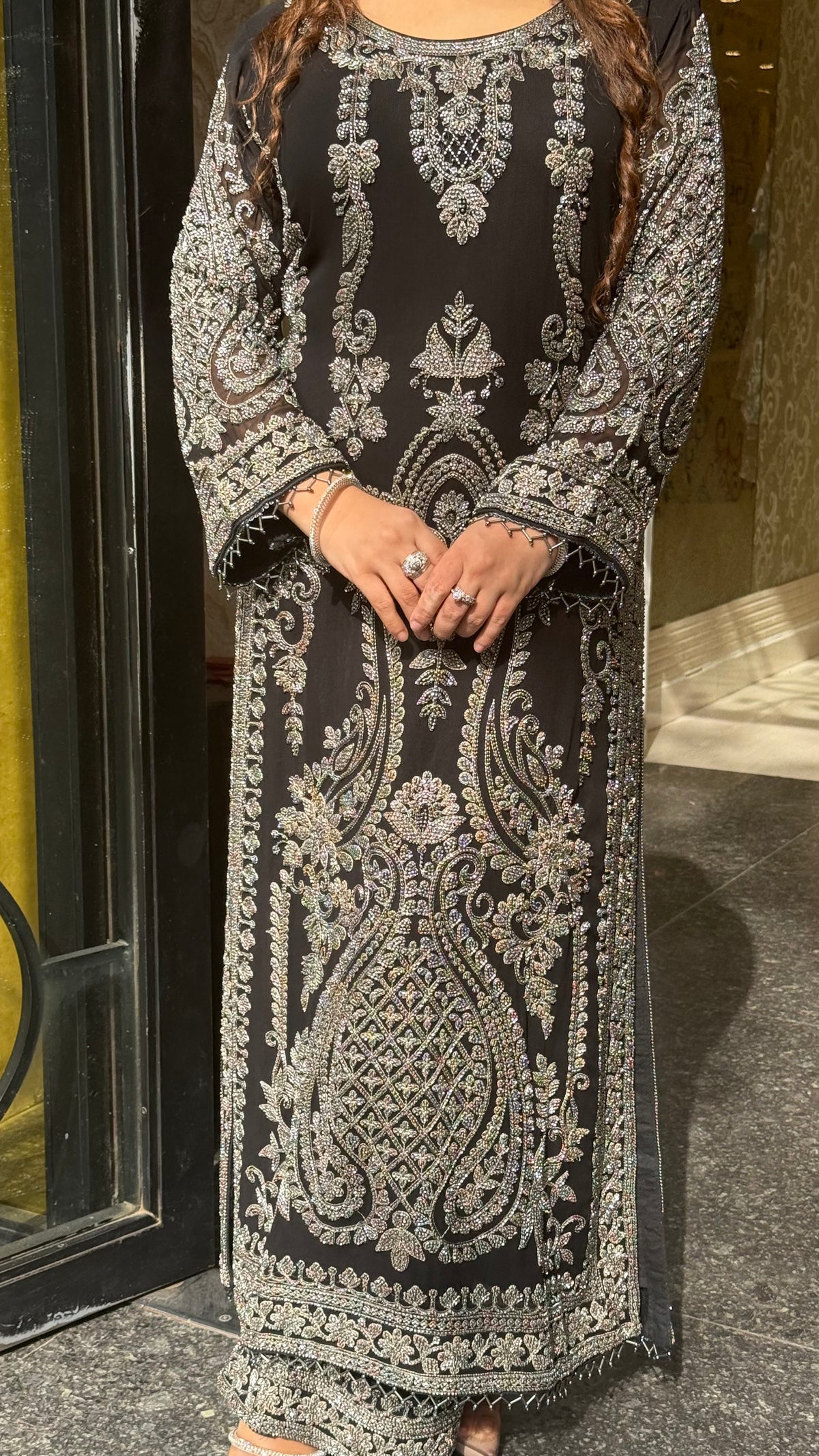 Pakistani Long Georgette Suit Set with Hand Beads Work | Size Up to 44 | Festive & Party Wear