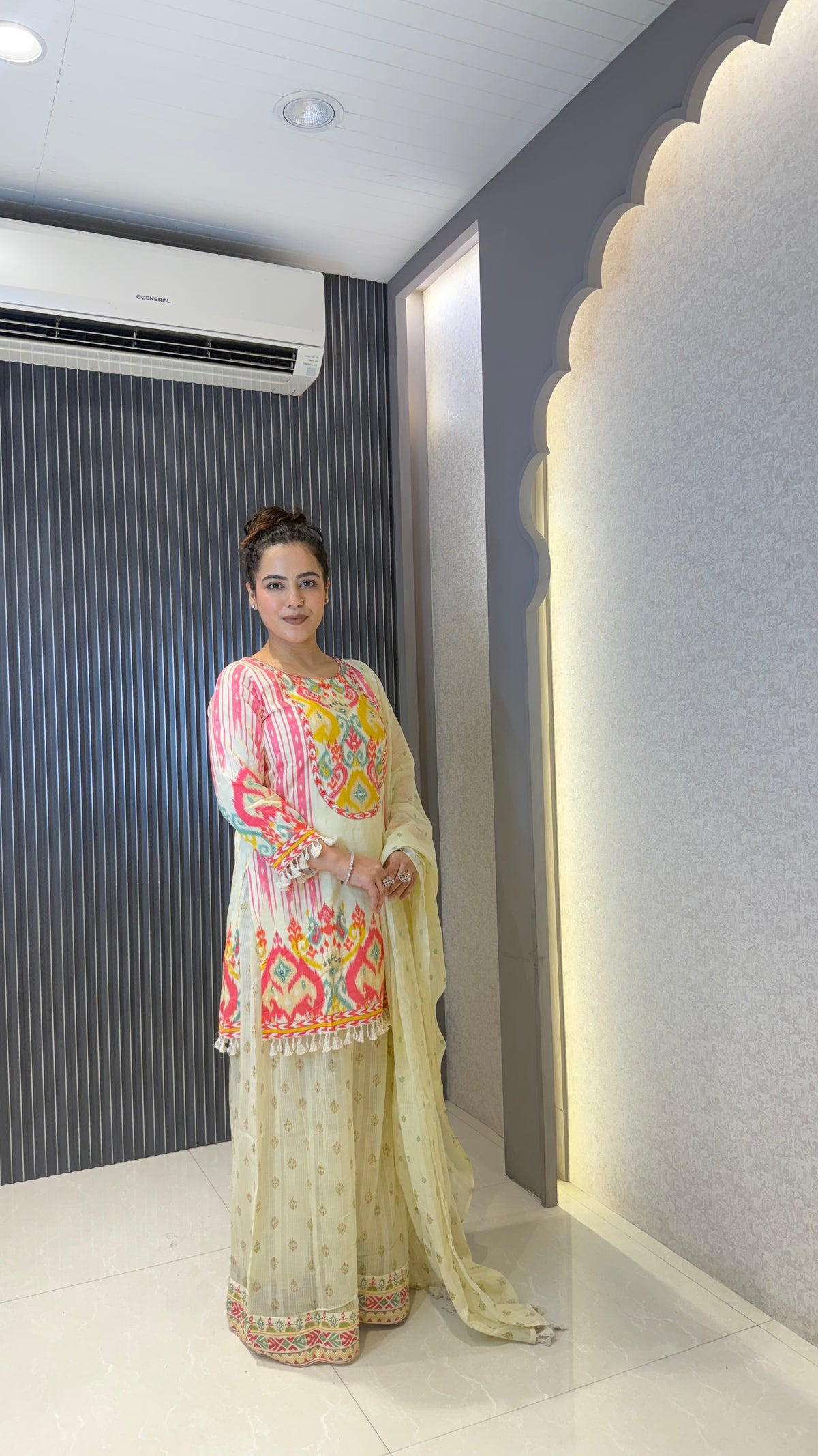 Budget Friendly Printed Sharara Suit Set with Mirror Work