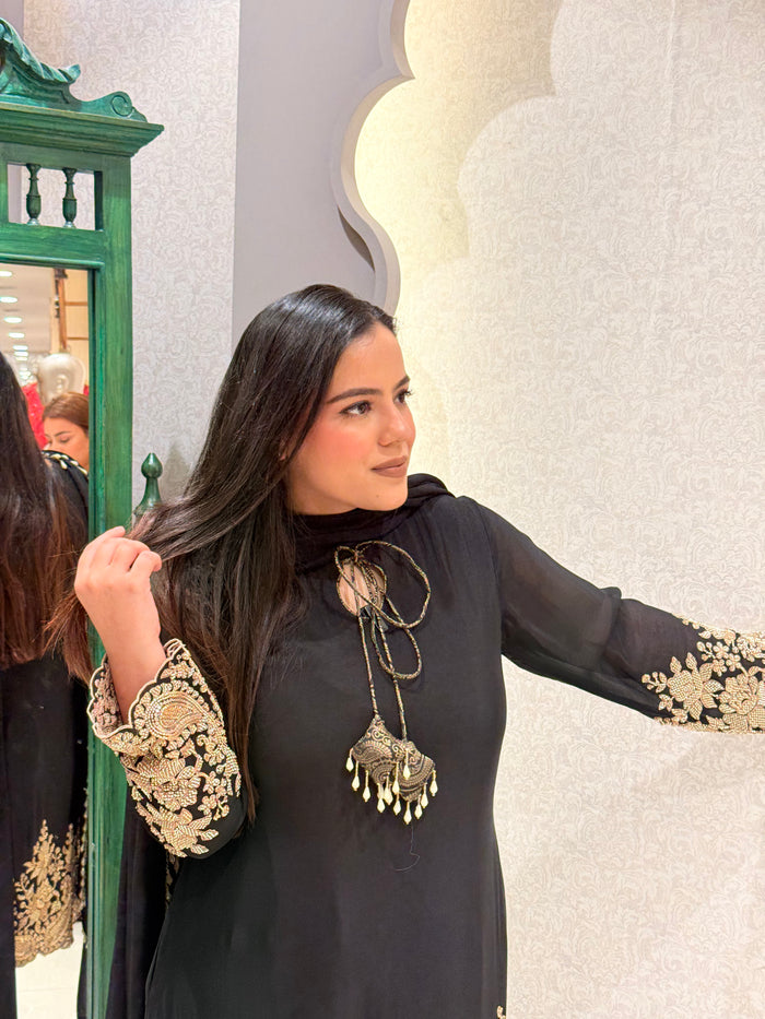 Brocade Suit Set with Handwork Beads Embellished Shirt