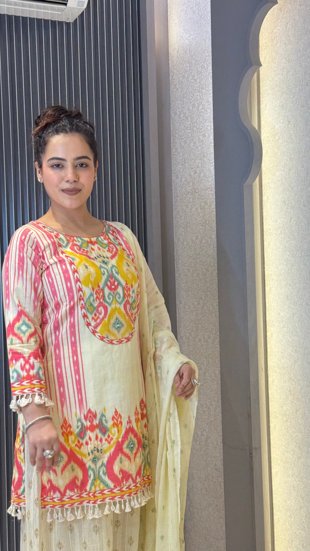 Budget Friendly Printed Sharara Suit Set with Mirror Work