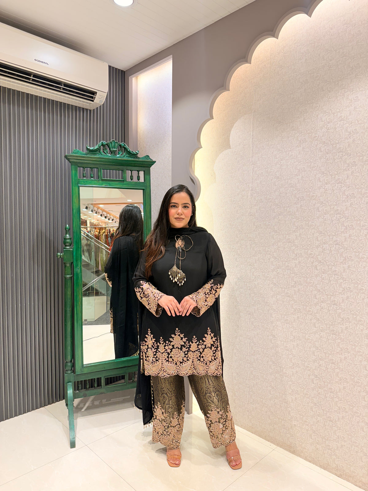 Brocade Suit Set with Handwork Beads Embellished Shirt