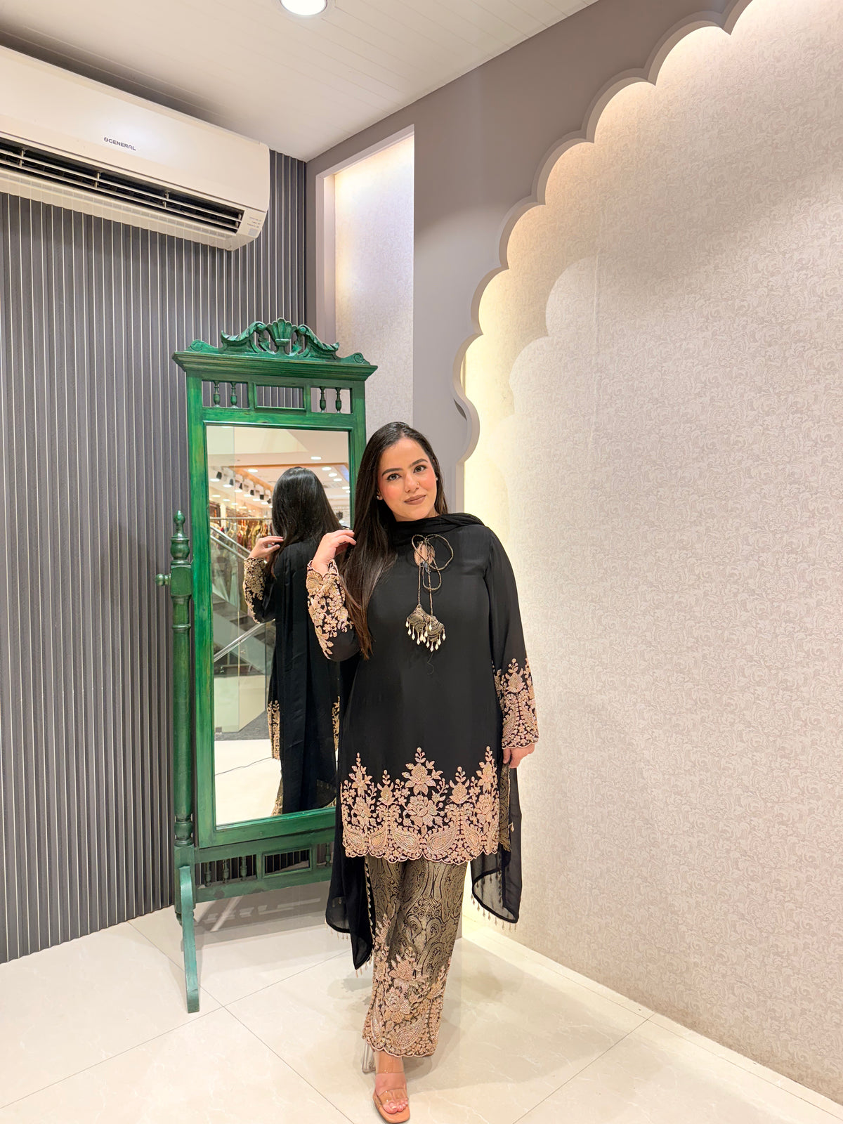 Brocade Suit Set with Handwork Beads Embellished Shirt