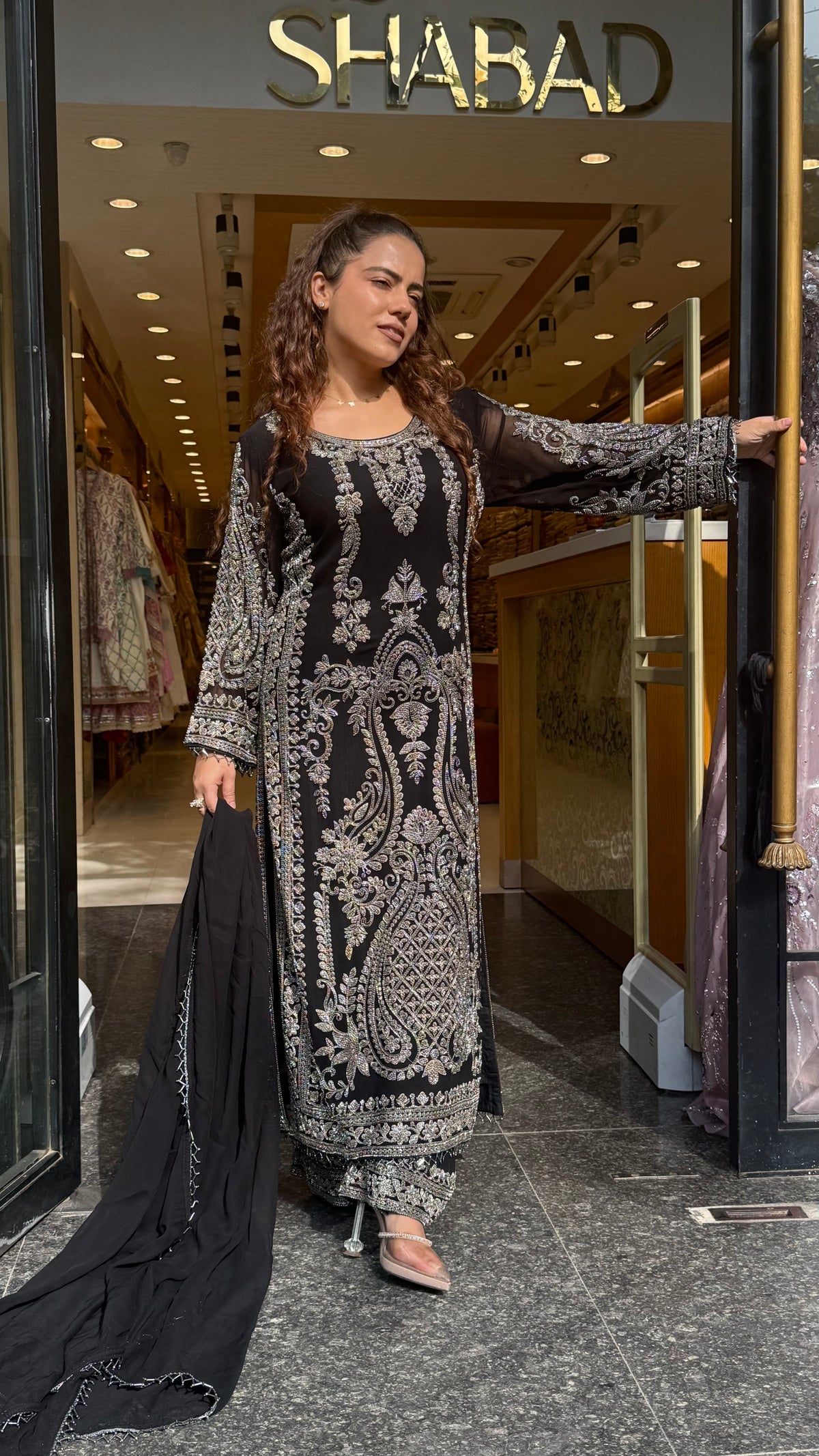 Pakistani Long Georgette Suit Set with Hand Beads Work | Size Up to 44 | Festive & Party Wear