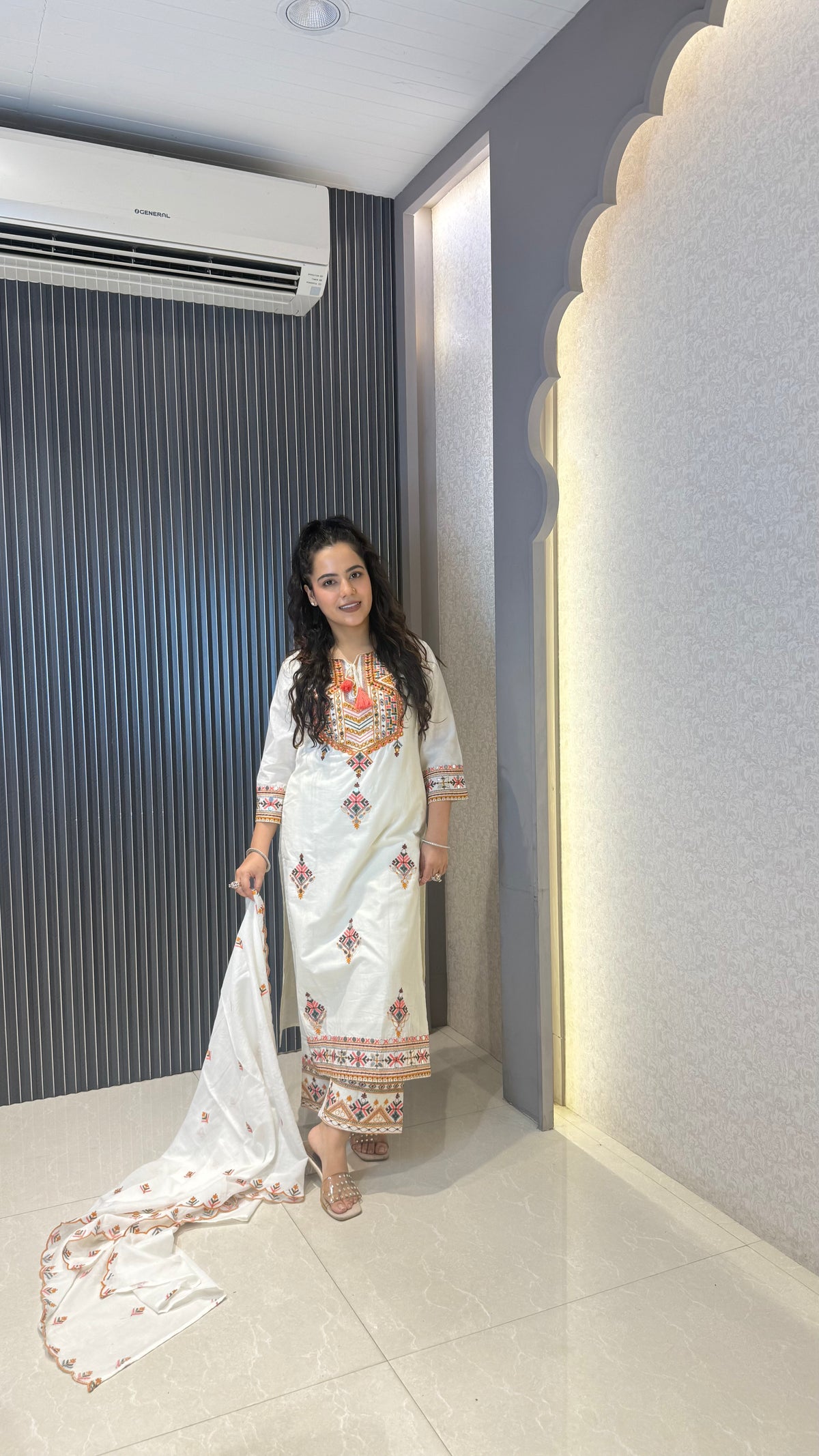 Budget-Friendly Mirror Work Suit Set with Thread Embroidery