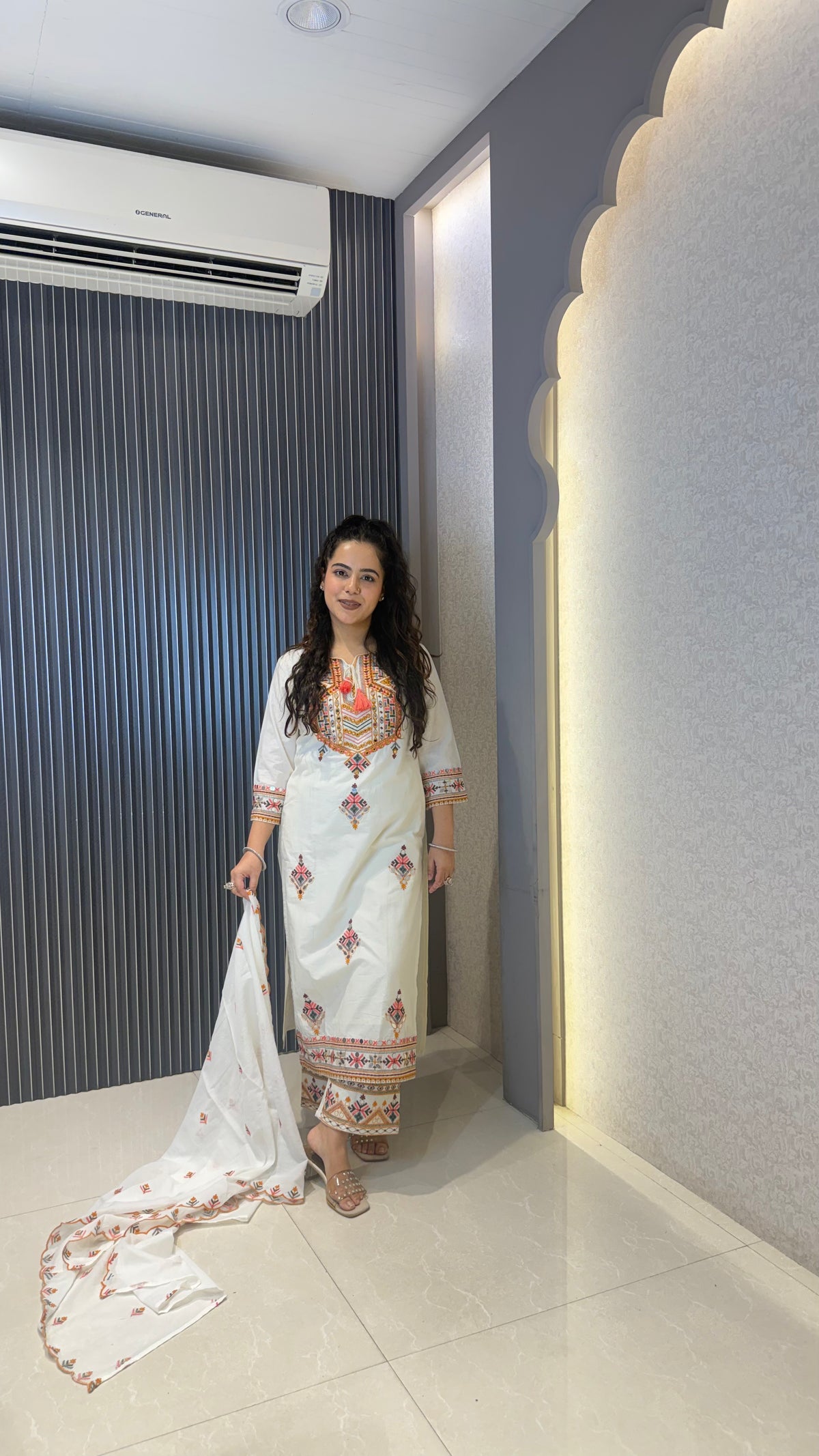 Budget-Friendly Mirror Work Suit Set with Thread Embroidery