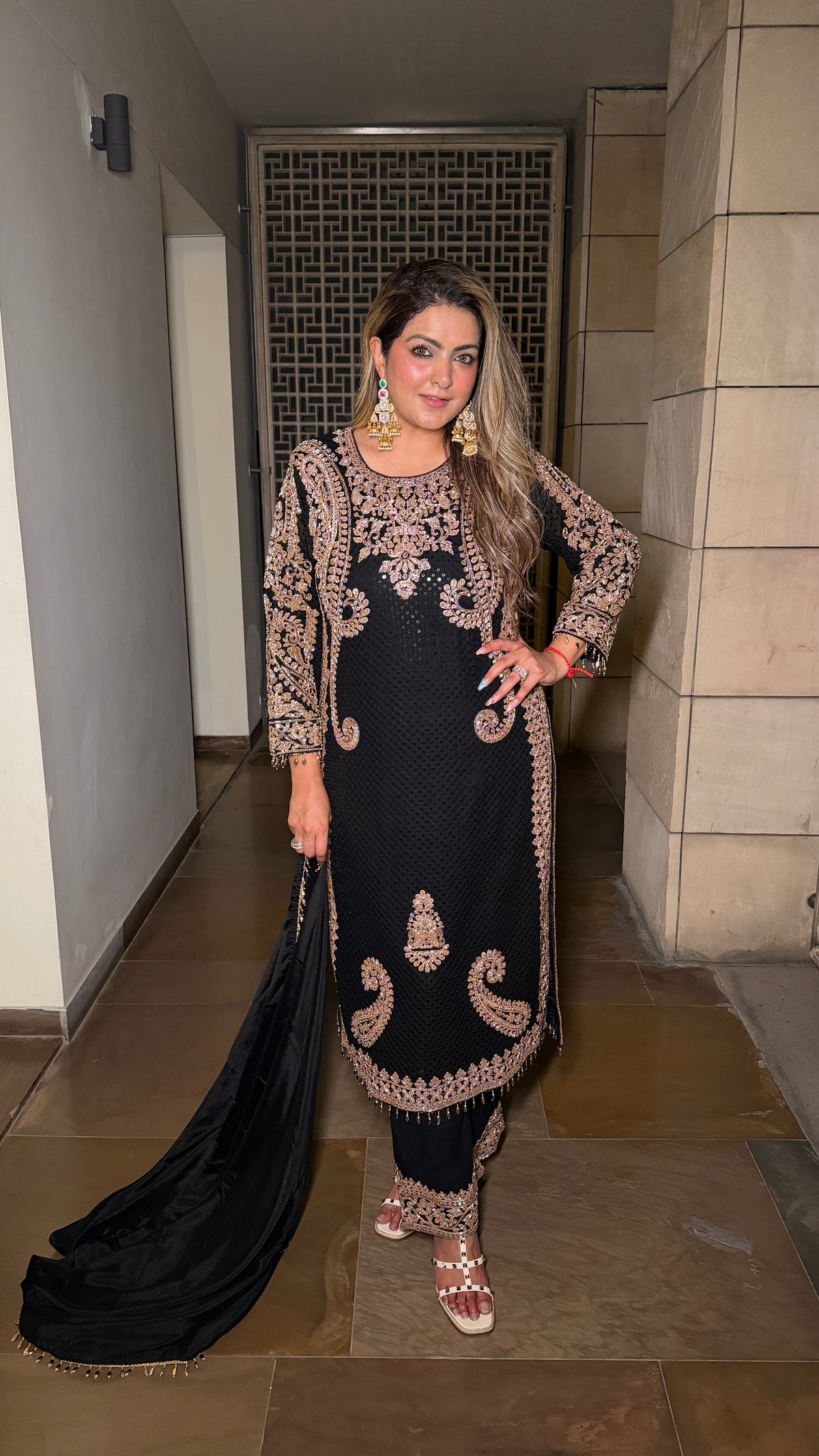 Georgette fabric Suit Set with Sequin Shirt &  Beads Handwork