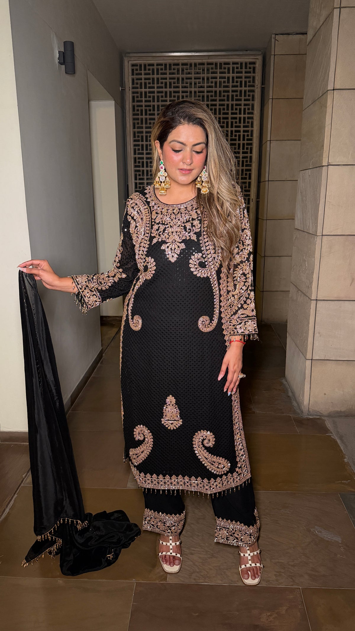 Georgette fabric Suit Set with Sequin Shirt &  Beads Handwork