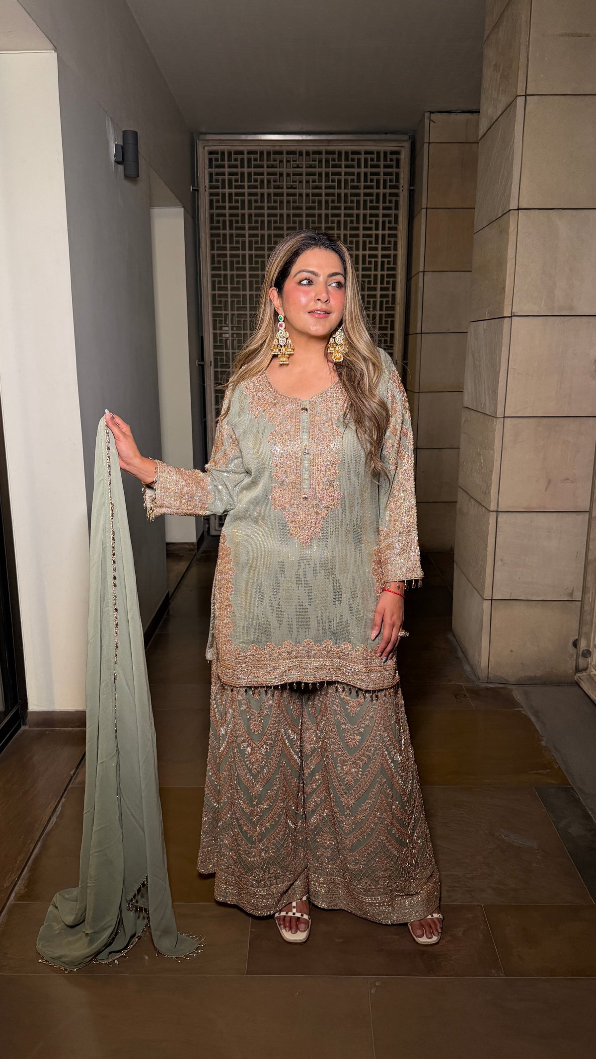 Georgette fabric Suit Set with Sequin shirt &  Beads handwork