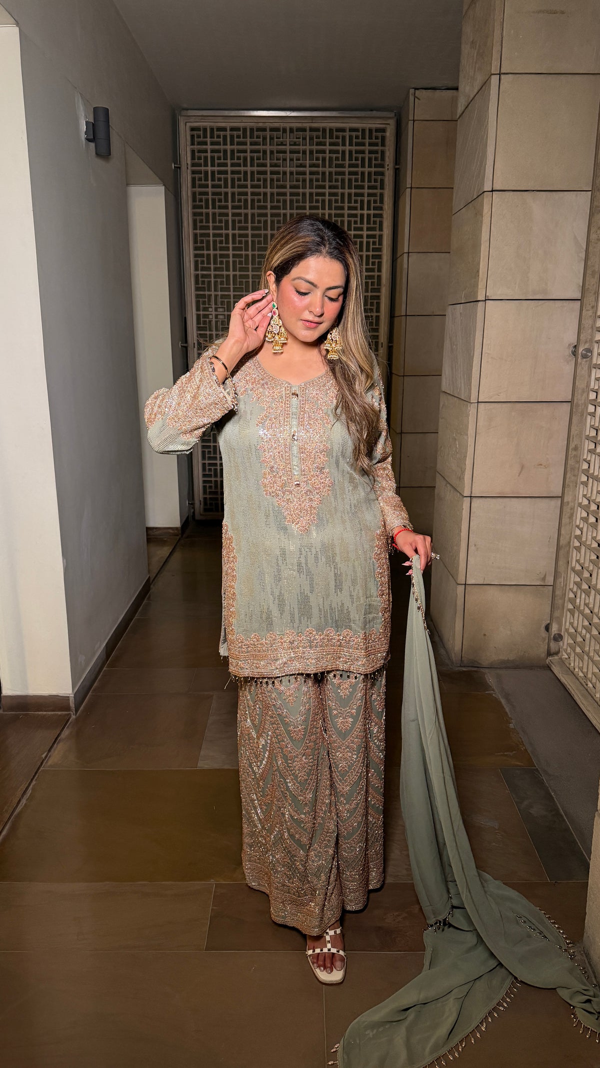 Georgette fabric Suit Set with Sequin shirt &  Beads handwork