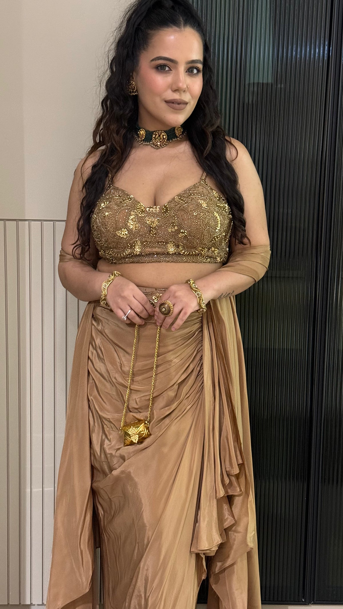 Drape Collection Designer Set with Handwork Blouse, Choker Dupatta & Crepe Bottom