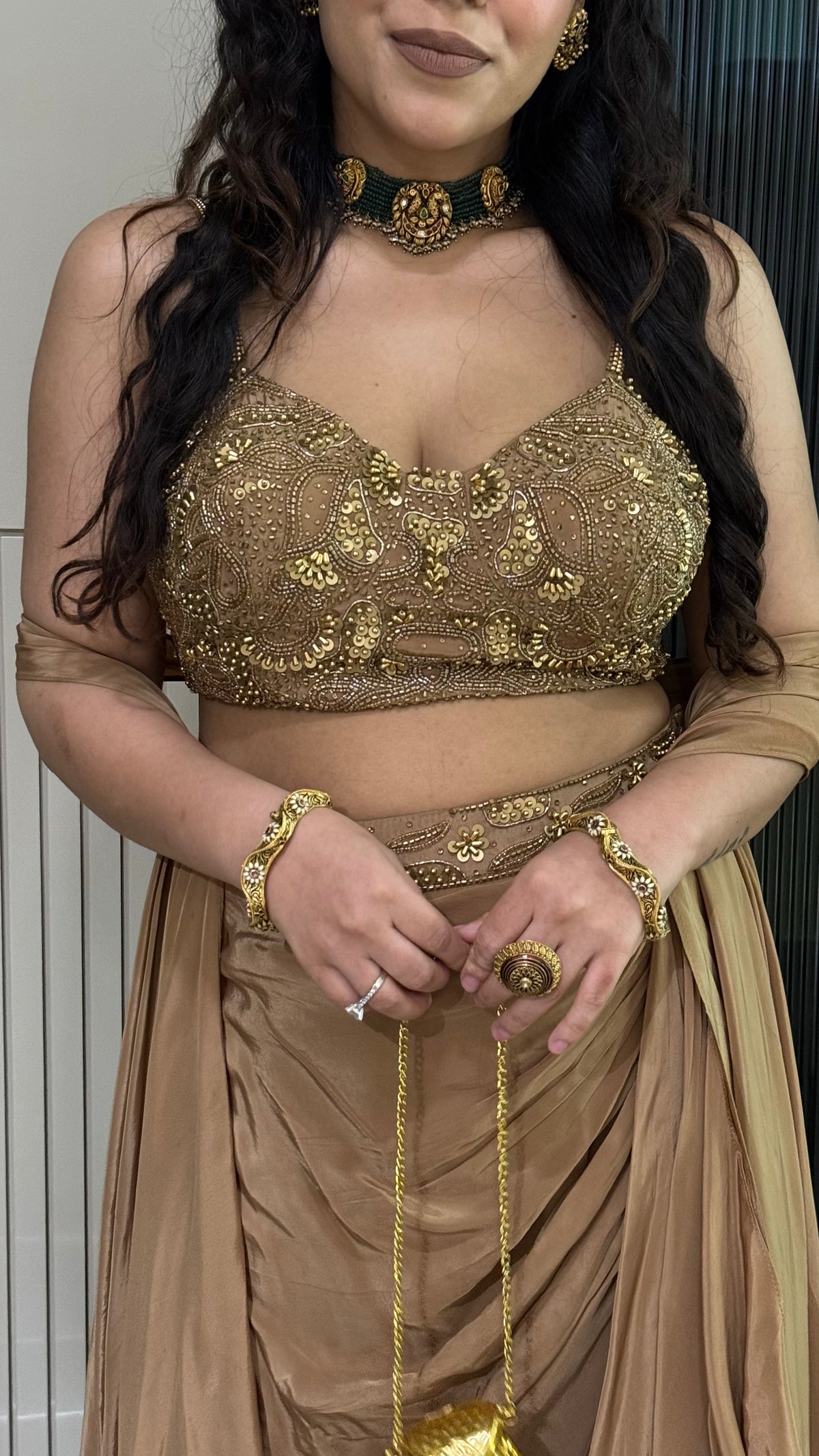 Drape Collection Designer Set with Handwork Blouse, Choker Dupatta & Crepe Bottom