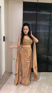 Drape Collection Designer Set with Handwork Blouse, Choker Dupatta & Crepe Bottom