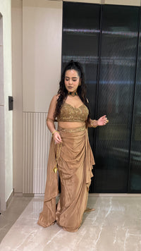 Drape Collection Designer Set with Handwork Blouse, Choker Dupatta & Crepe Bottom