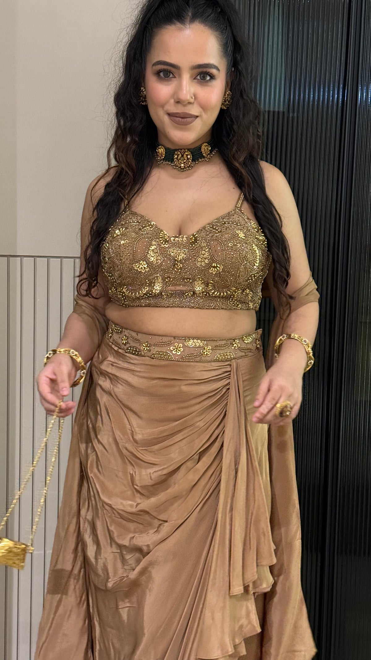 Drape Collection Designer Set with Handwork Blouse, Choker Dupatta & Crepe Bottom