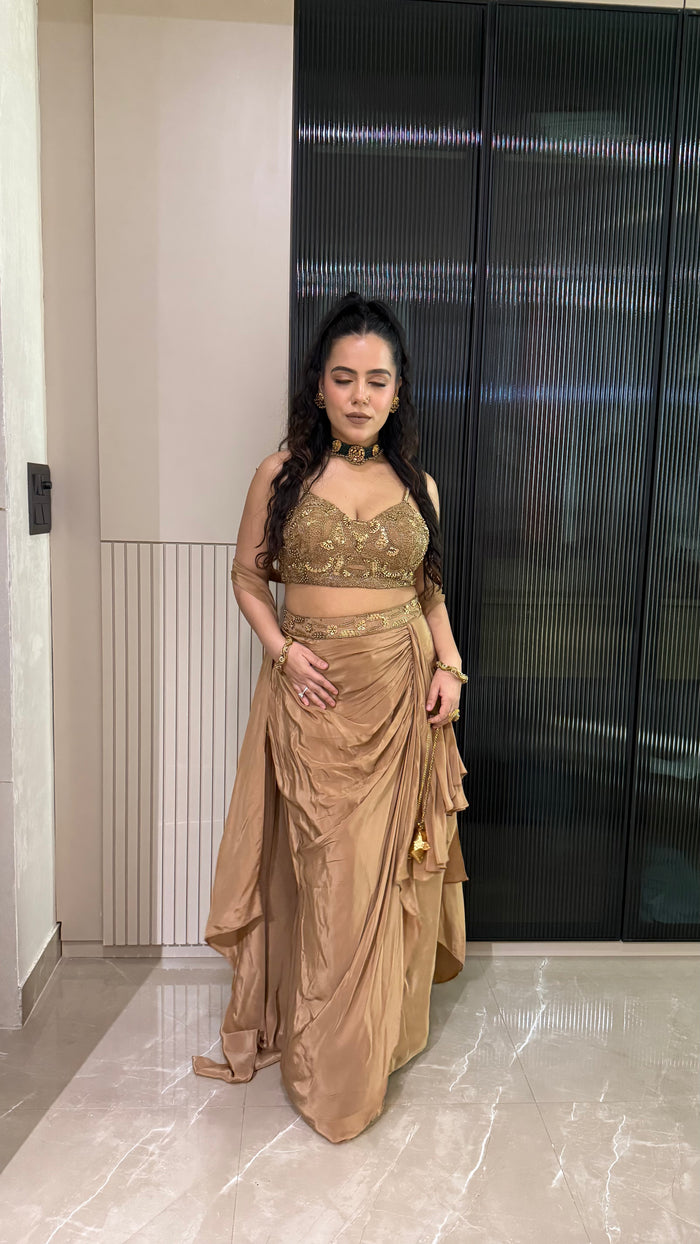 Drape Collection Designer Set with Handwork Blouse, Choker Dupatta & Crepe Bottom