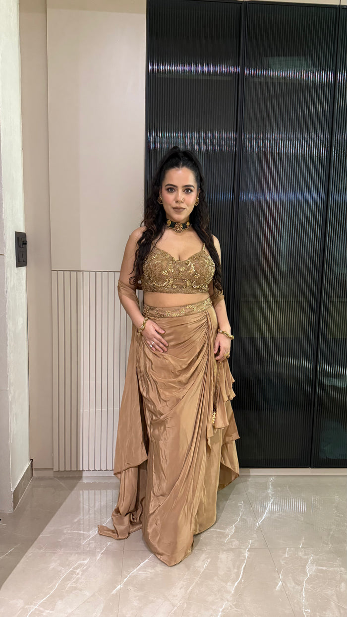 Drape Collection Designer Set with Handwork Blouse, Choker Dupatta & Crepe Bottom
