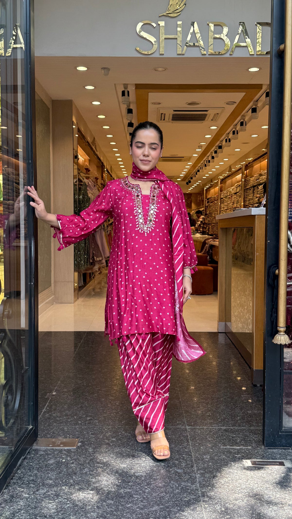 Gajji Silk Bandhani Print Suit Set with Mirror Work & Farshi Salwar