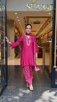 Gajji Silk Bandhani Print Suit Set with Mirror Work & Farshi Salwar