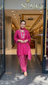 Gajji Silk Bandhani Print Suit Set with Mirror Work & Farshi Salwar