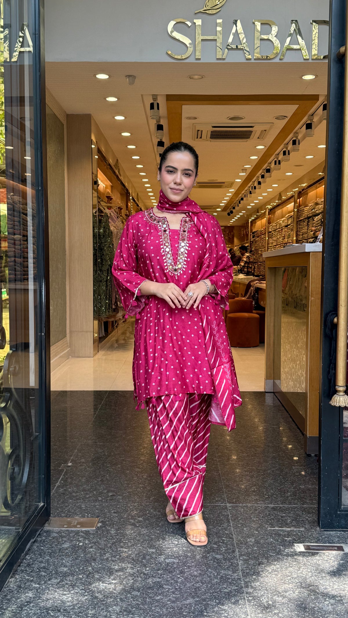 Gajji Silk Bandhani Print Suit Set with Mirror Work & Farshi Salwar
