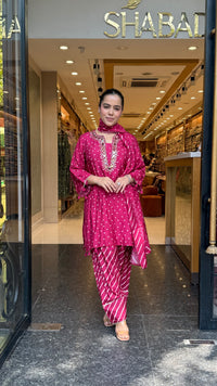 Gajji Silk Bandhani Print Suit Set with Mirror Work & Farshi Salwar