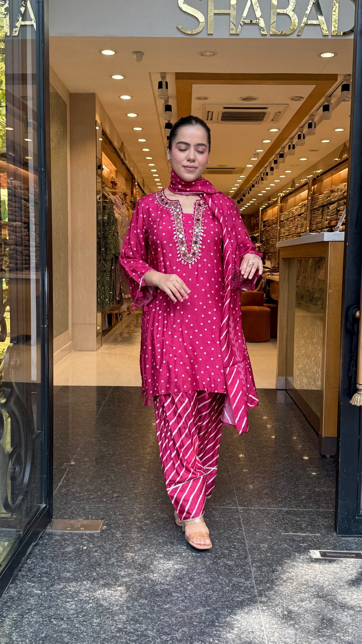 Gajji Silk Bandhani Print Suit Set with Mirror Work & Farshi Salwar