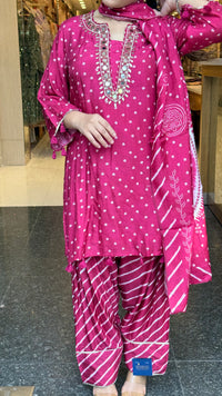 Gajji Silk Bandhani Print Suit Set with Mirror Work & Farshi Salwar