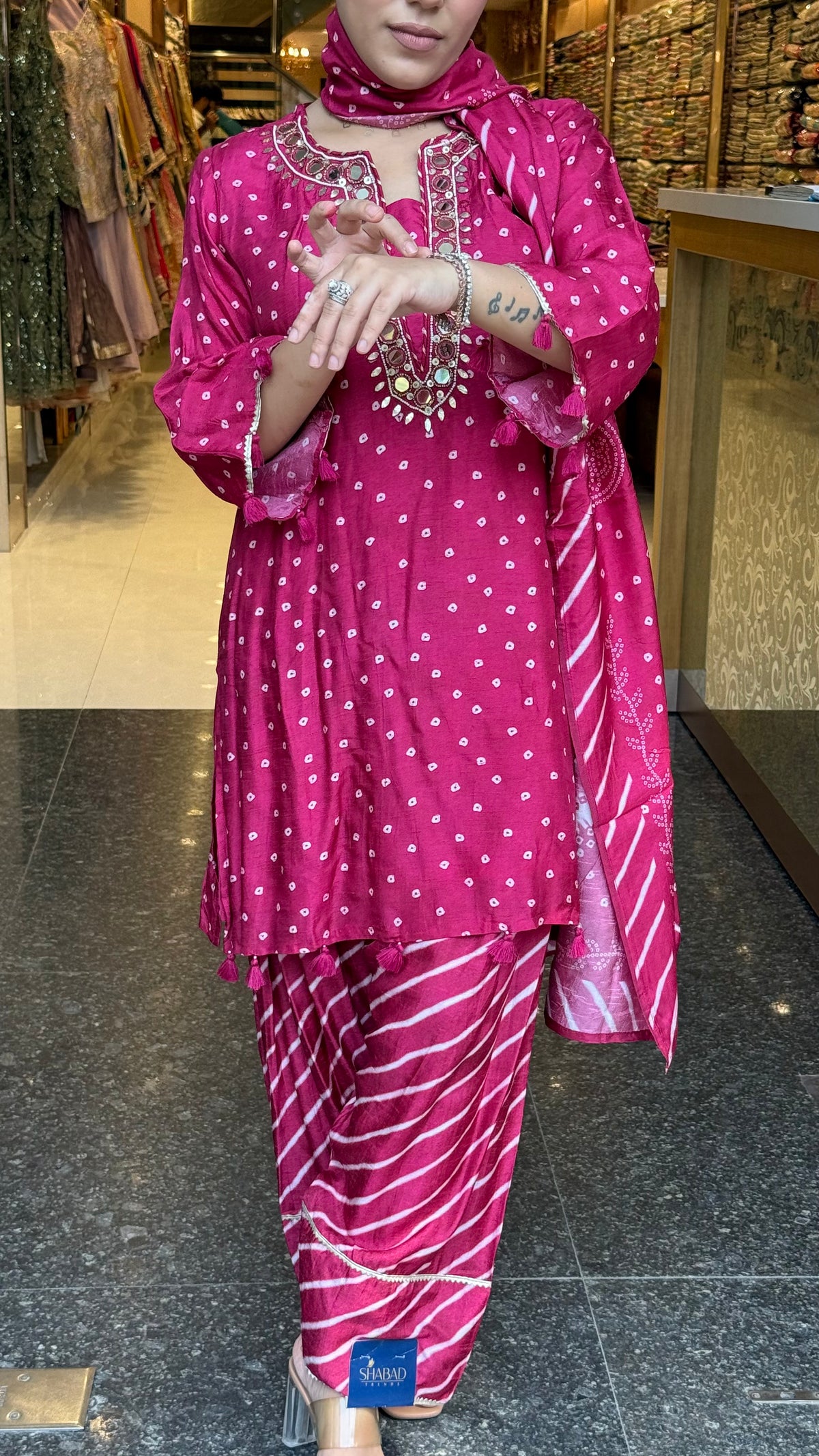 Gajji Silk Bandhani Print Suit Set with Mirror Work & Farshi Salwar