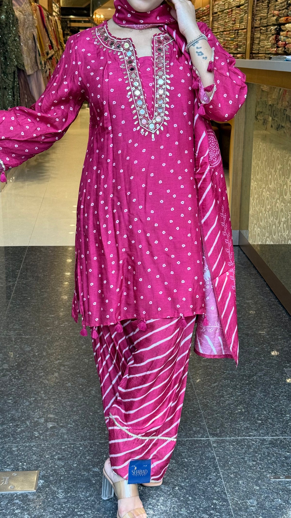 Gajji Silk Bandhani Print Suit Set with Mirror Work & Farshi Salwar